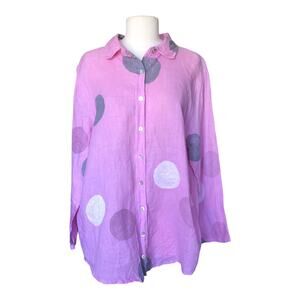 Marisima Shirt Dress Pink Polka Dot Long Sleeve Linen Blouse Women's One Size